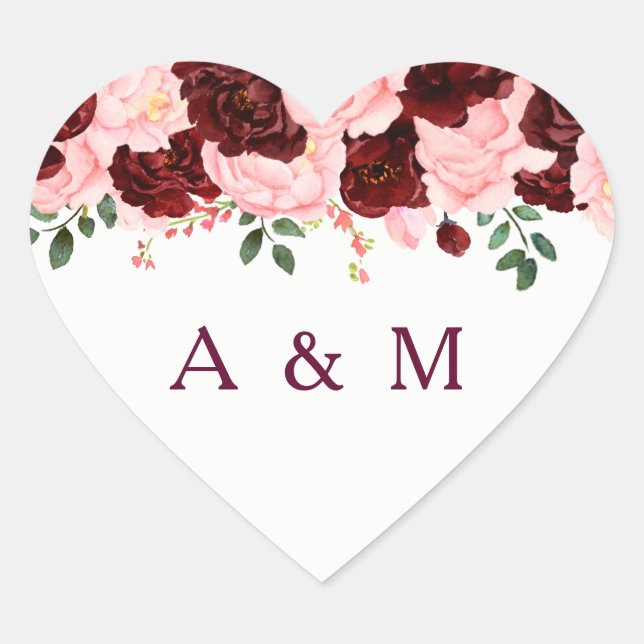 Pink Blush Burgundy Rose Floral Initials Wedding Heart Sticker (Front)
