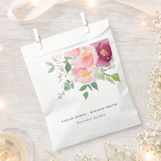 Pink Blush Burgundy Rose Watercolor Wedding Favour Bag (Clipped)