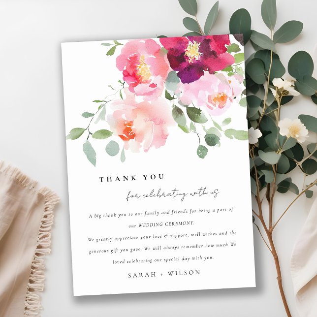Pink Blush Burgundy Rose Watercolor Wedding Thank You Card (Creator Uploaded)