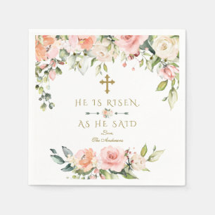 Pink Blush Cream Flowers He Is Risen Gold Easter Napkin