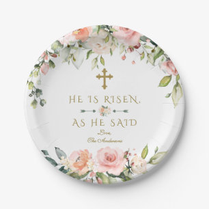 Pink Blush Cream Flowers He Is Risen Gold Easter Paper Plate