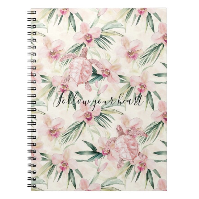 Pink Blush Cream Stripes Orchid Floral Sea Turtle Notebook (Front)