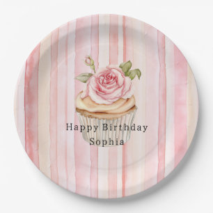 Pink Blush Cream Stripes Rose Cupcake Birthday Paper Plate