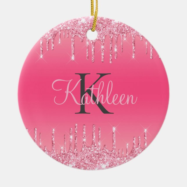Pink Blush, Dripping Glitter, Rose Gold Monogram  Ceramic Ornament (Front)