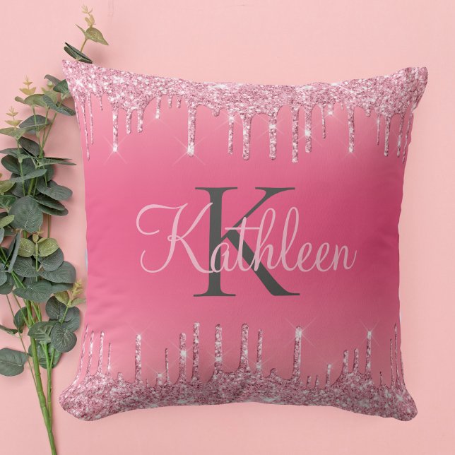Pink Blush, Dripping Glitter, Rose Gold Monogram Throw Pillow (Creator Uploaded)