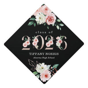 Pink Blush Elegant Floral Graduation Year Black Cap Topper