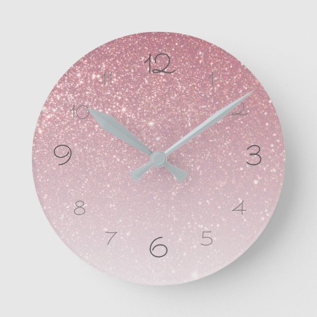 Pink Blush Faux Glitter Gradient Glamourous Round Clock (Front)