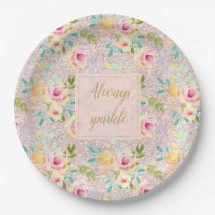 Pink Blush Faux Glitter Sparkle Floral Watercolor Paper Plate