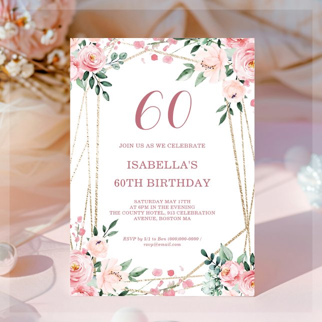 Pink Blush Floral 60e anniversaire Invitation (Créateur téléchargé)