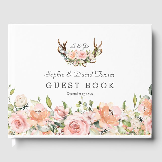 Pink Blush Floral Antlers Monogram Wedding Guest Book (Front)