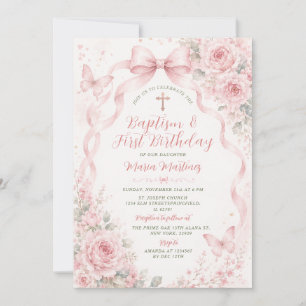 Pink Blush Floral Baptism & 1st Birthday Butterfly Invitation