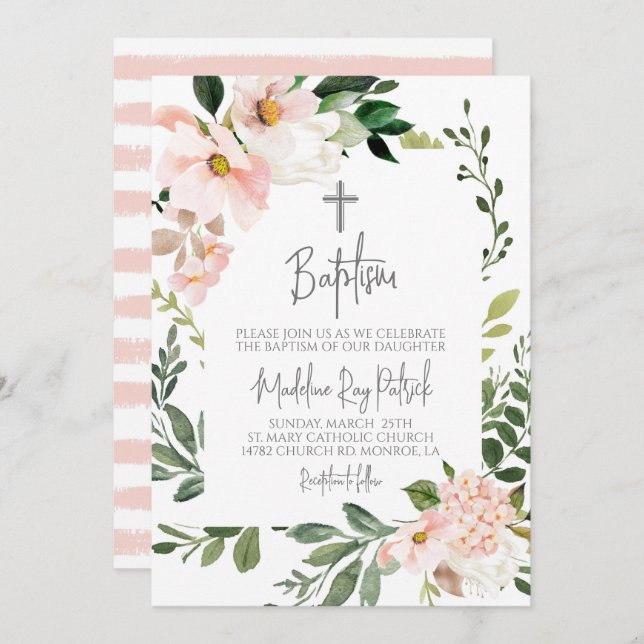 Pink Blush Floral Baptism Invitation (Front/Back)