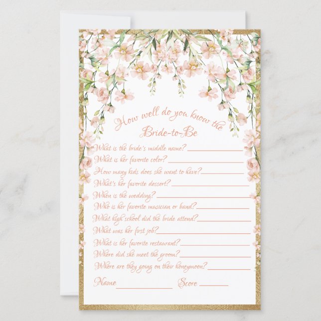 Pink Blush Floral Bridal Shower Game Wedding (Front)