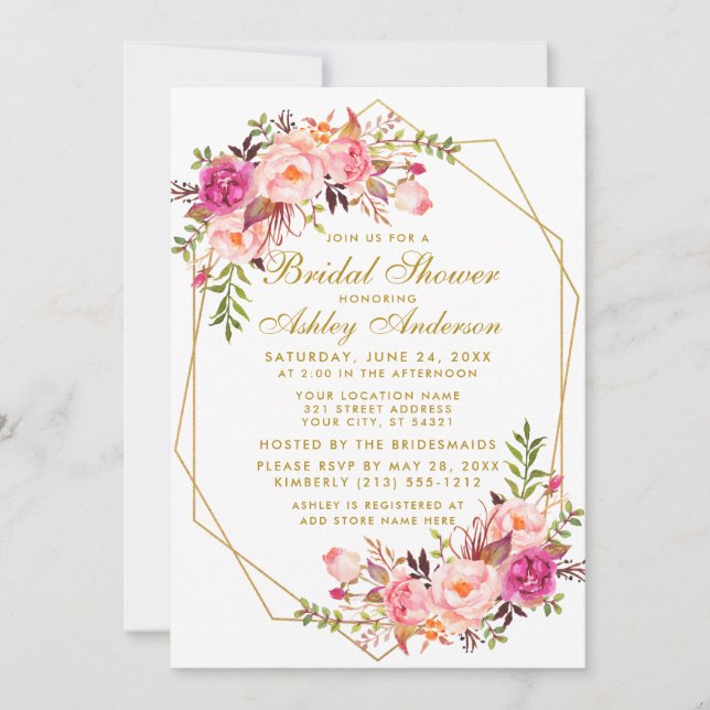 Pink Blush Floral Bridal Shower Gold Geometric Invitation (Front)