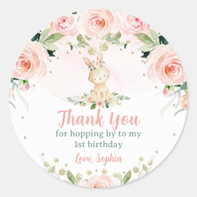 Pink Blush Floral Bunny is One Birthday Rabbit  Classic Round Sticker (Front)