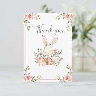 Pink Blush Floral Bunny Rabbit Baby Shower  Thank You Card