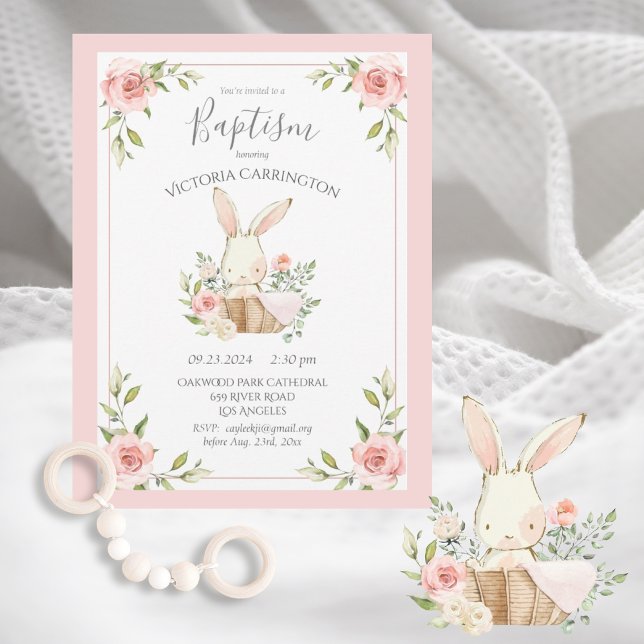 Pink Blush Floral Bunny Rabbit Baptism Christening Invitation (Creator Uploaded)