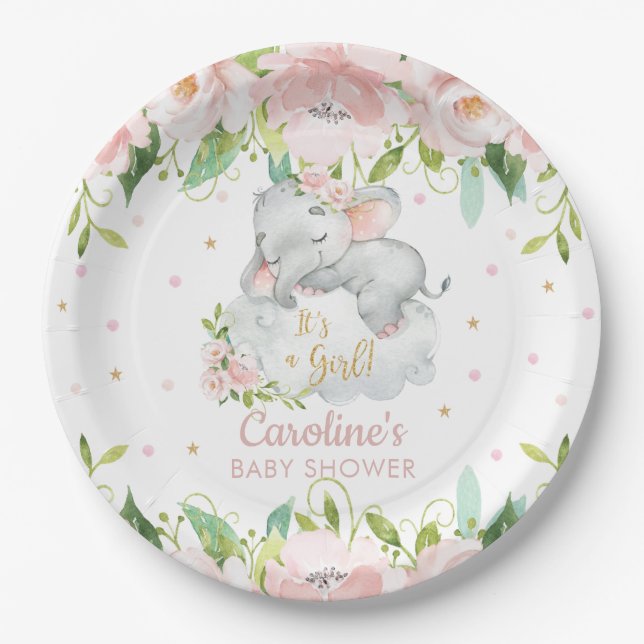 Pink Blush Floral Cute Elephant Baby Shower Paper Plate (Front)