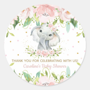 Pink Blush Floral Cute Elephant Thank You Favour Classic Round Sticker