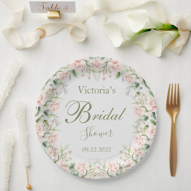 Pink Blush Floral Elegant Name Bridal Shower Paper Plate (Wedding)