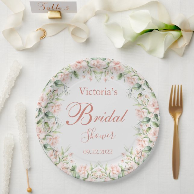 Pink Blush Floral Elegant Name Pink Bridal Shower Paper Plate (Wedding)