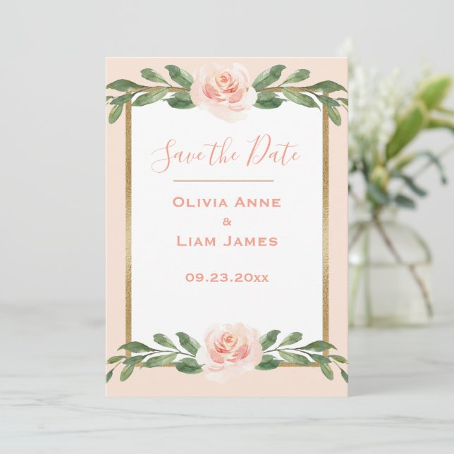 Pink Blush Floral Elegant Script Gold Wedding Save The Date (Standing Front)