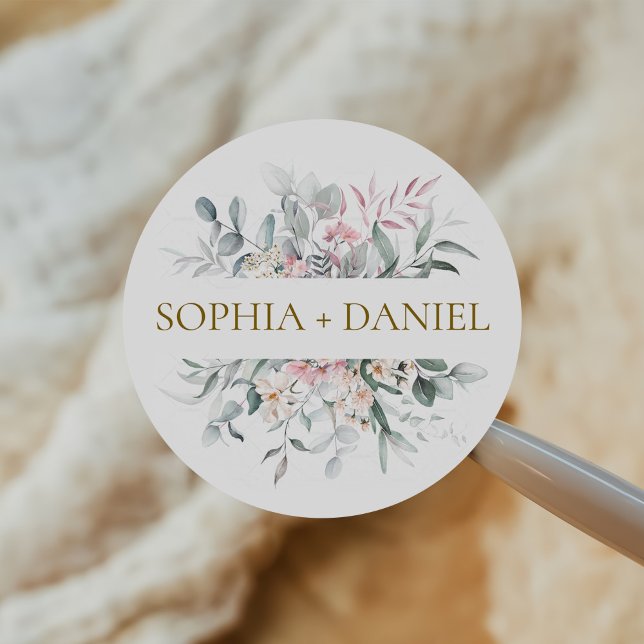 Pink Blush Floral Eucalyptus Botanical Wedding  Classic Round Sticker (Creator Uploaded)