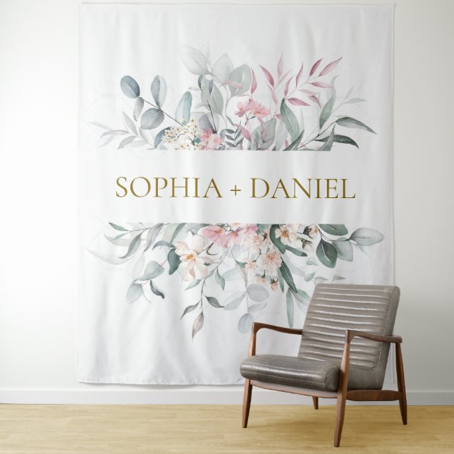 Pink Blush Floral Eucalyptus Botanical Wedding  Tapestry (In Situ)