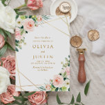 pink blush floral geometric save the date card<br><div class="desc">floral geometric design with pink blush hand painted flowers and a geometric gold frame. The colour and text details can be personalized.</div>