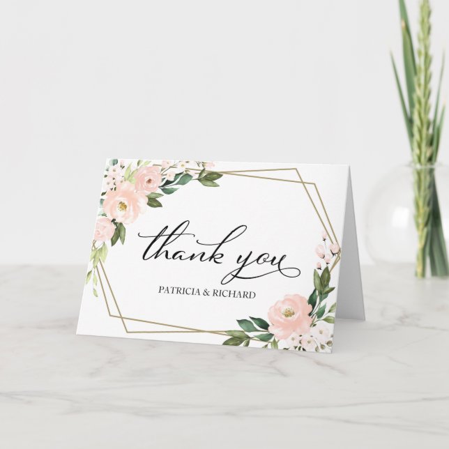 Pink Blush Floral Geometric Wedding Thank You Card (Front)