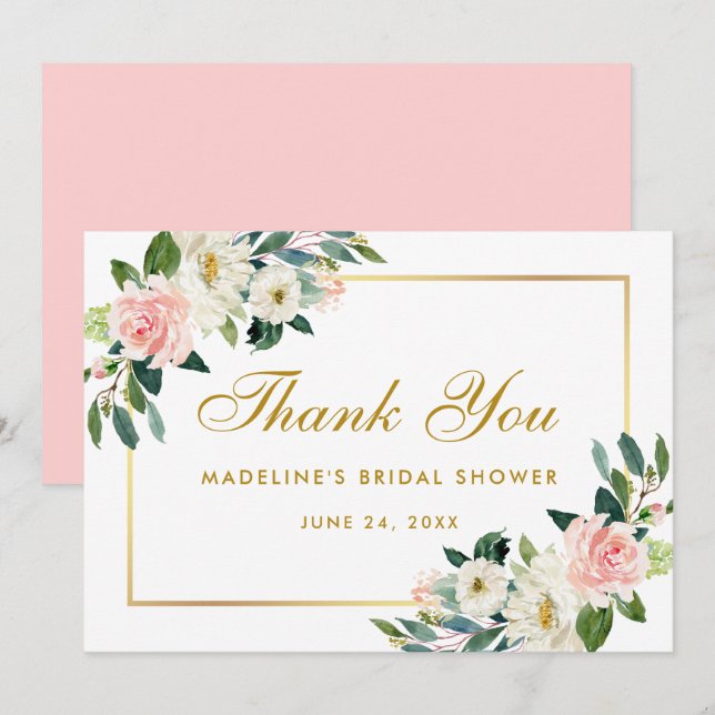 Pink Blush Floral Gold Bridal Shower Thanks P Invitation (Front/Back)