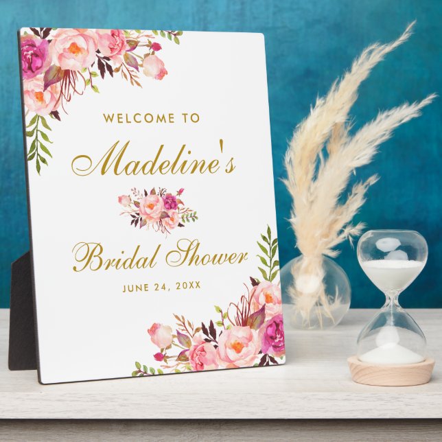Pink Blush Floral Gold Bridal Shower Welcome Plaque (Side)