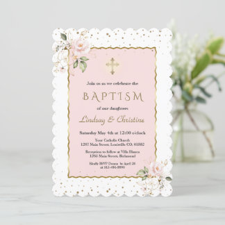 Pink Blush Floral Gold Cross Girl Twins Baptism Invitation