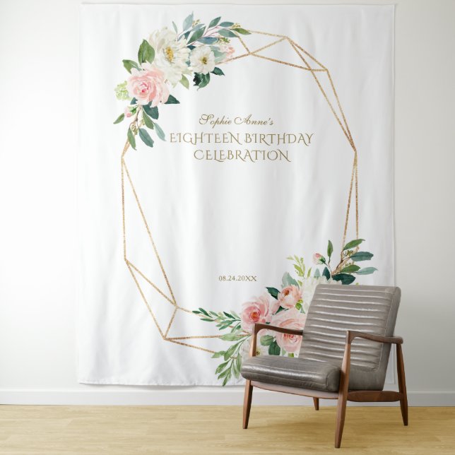 Pink Blush Floral Gold Eighteen Photo Booth Prop Tapestry (In Situ)