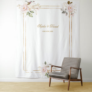 Pink Blush Floral Gold Frame Photo Booth Backdrop Tapestry