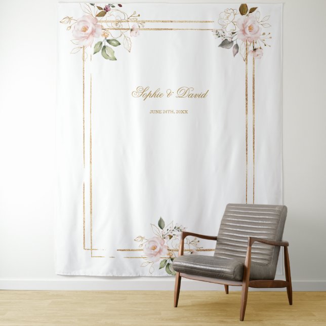 Pink Blush Floral Gold Frame Photo Booth Backdrop Tapestry (In Situ)