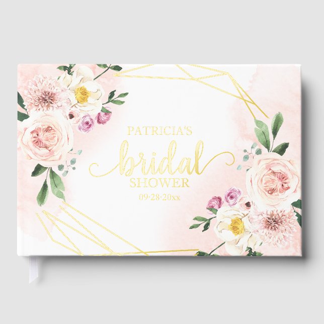 Pink Blush Floral Gold Geometric Bridal Shower  Guest Book (Front)