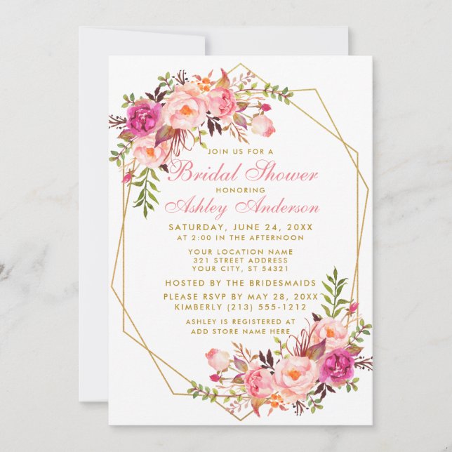 Pink Blush Floral Gold Geometric Bridal Shower Invitation (Front)