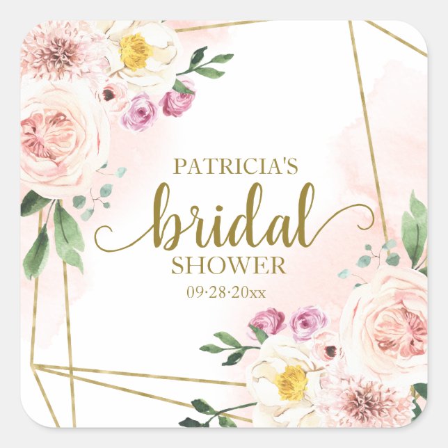 Pink Blush Floral Gold Geometric Bridal Shower Square Sticker (Front)