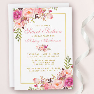 Pink Blush Floral Gold Sweet 16 Invitation d'anniv