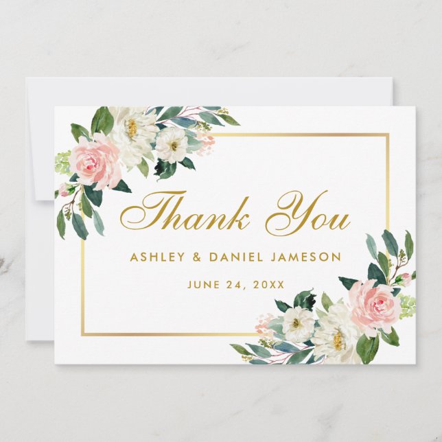 Pink Blush Floral Gold Wedding Thank You (Front)