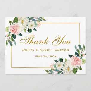 Pink Blush Floral Gold Wedding Thank You Card