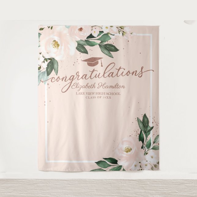 Pink Blush Floral Graduation Party Photo Backdrop Tapestry (Front)
