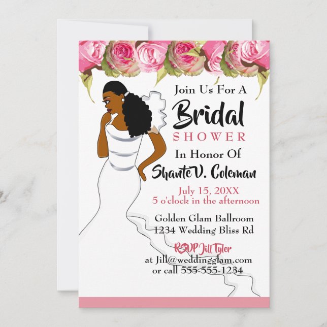 Pink Blush Floral Greenery African American Invitation (Front)