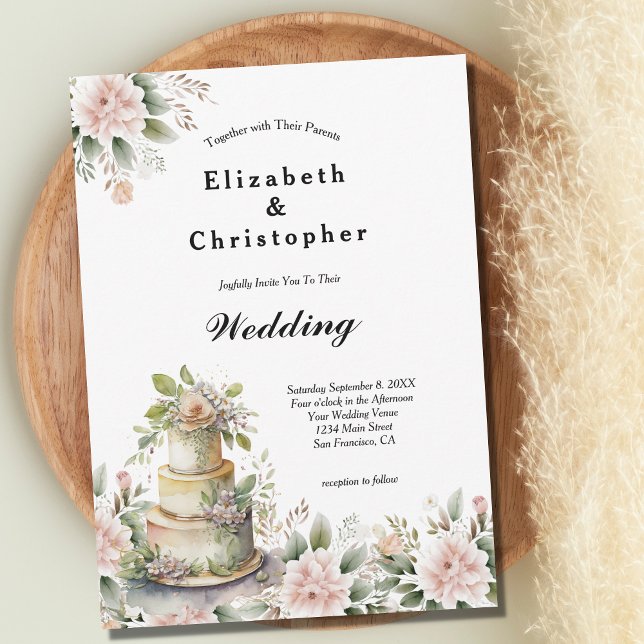 Pink Blush Floral Greenery Wedding Cake Wedding Invitation (Creator Uploaded)
