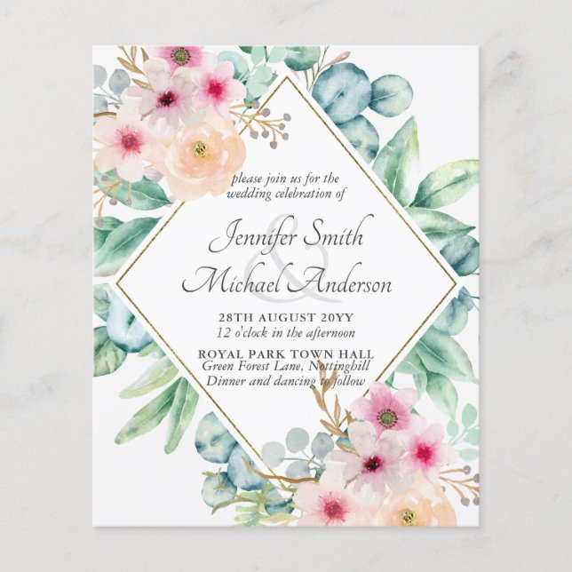 Pink Blush Floral Greenery Wedding Invites BUDGET (Front)