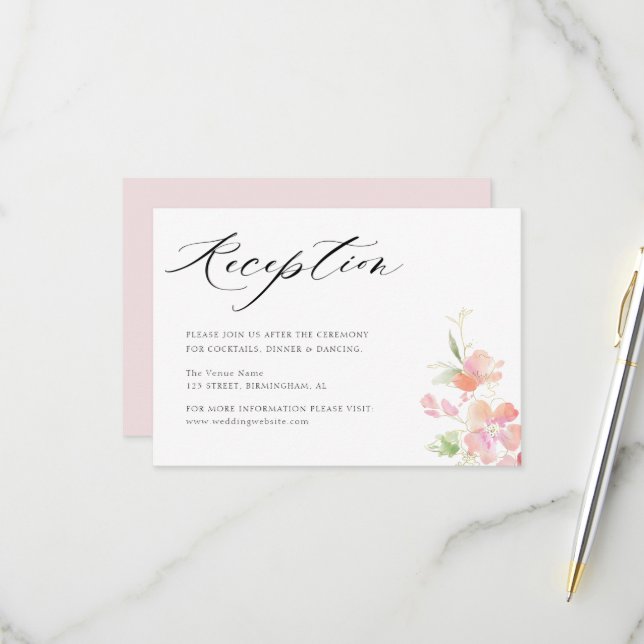 pink blush floral grey wedding reception card (Front/Back In Situ)