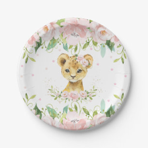 Pink Blush Floral Lion Cub Birthday Baby Shower Paper Plate