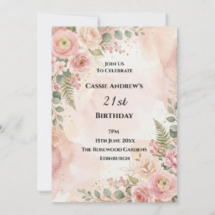Pink Blush Floral Milestone Birthday Invitation