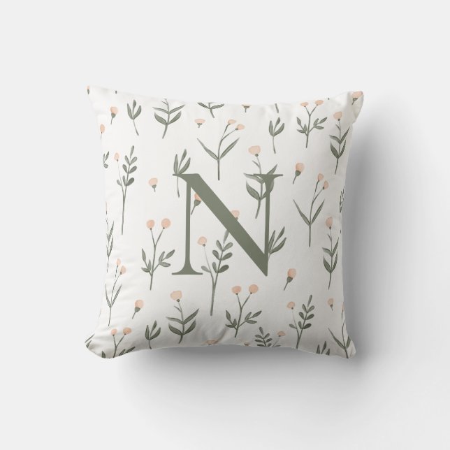 Pink Blush Floral Monogram Delicate Wildflowers  Throw Pillow (Front)